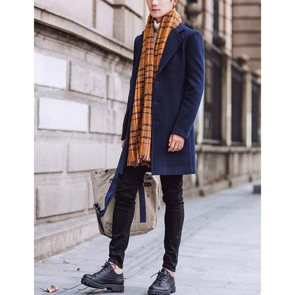 ✨Men Blue Wool Blend Pea Coat Notched Collar Single Overcoat Warm Trench Coat - Picture 2 of 3